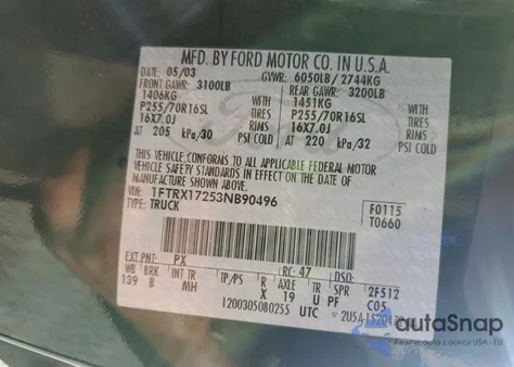 2003 Ford F150 z USA, uszkodzony, nr VIN 1FTRX17253NB90496